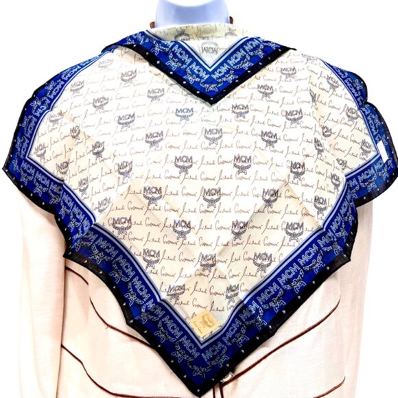 New MCM men/ women Handkerchief/ mini scarf cotton 19.5" Blue beige Log Print(99 - Picture 2 of 8